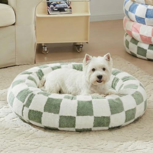 Ohocut Checkered Dog Bed, Cute Sage Green Retro Style Aesthetic Round Warming Pet Calming Beds for...