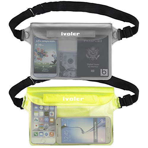ivoler [2 Unidades] Riñonera Impermeable Universal con Correa de Cintura, Bolsa Estanca para Playa, Floating, Rafting, Kayak, Senderismo, Pesca, Escalada, Camping, etc. (Gris+Amarillo)