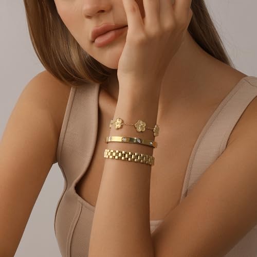 Stackable Four Leaf Clover Bracelets for Women, 18K Gold Plated Love Bangle Bracelets Set, 3 Pcs Charm Jewelry Gifts2