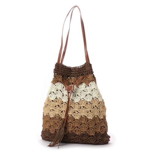 Image of MAIRO LIFESTYLE Straw Wicker Handmade Boho Summer Beach Drawstring Tote Bag