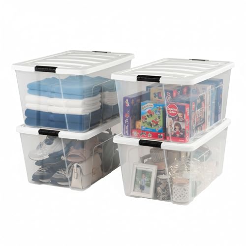 Image of IRIS USA 94 Qt Stackable Plastic Storage Bins with Lids, 4 Pack - BPA-Free, Made in USA - See-Through Organizing Solution, Latches, Durable Nestable Containers, Secure Pull Handle - Clear /White