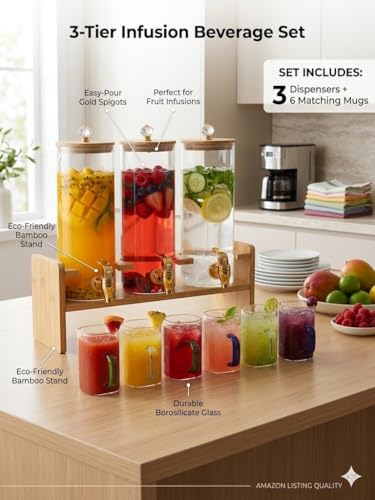 Image of 3 Tank Glass Beverage Dispenser Set with Wooden Stand | 2L Each Juice Dispenser with Tap & Lid + 6 Color Handle Glass Mugs (240ML) | Premium Drink Server for Lemonade, Parties & Home Use