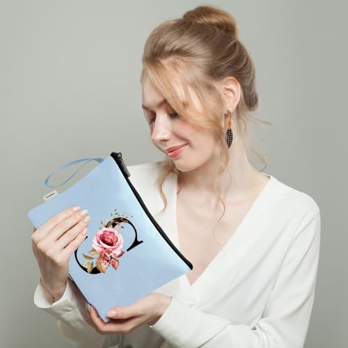 Image of Vavabox A-Z Personalized Makeup Bag, Birthday Gifts for Women Mom, Gifts for Best Friend, Bride Bridesmaid Cosmetic bag (S, Blue)