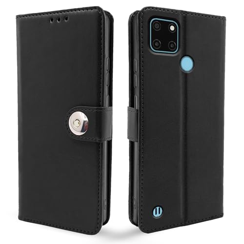 Image of Pikkme Realme C21y Flip Cover Leather Finish | Inside TPU with Card Pockets | Wallet Stand and Shock Proof | Complete Protection Button Flip Case (Black)