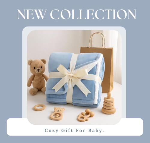 Image of VAS COLLECTIONS Baby Blanket Gift Set | 2-Layer Flannel & Sherpa Wrapping Sheet | Ultra Soft & Cozy | Newborn Boys & Girls | All-Season AC Blanket (130x105 cm, 800 g) (Gift Aqua, Baby (800g))