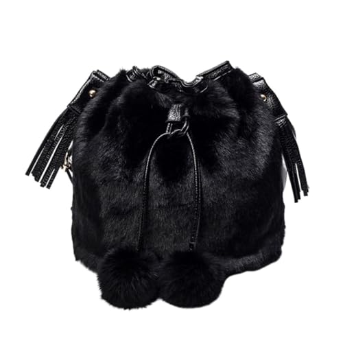 Sac seau duveteux noir à grande capacité pour femme avec cordon de serrage chic