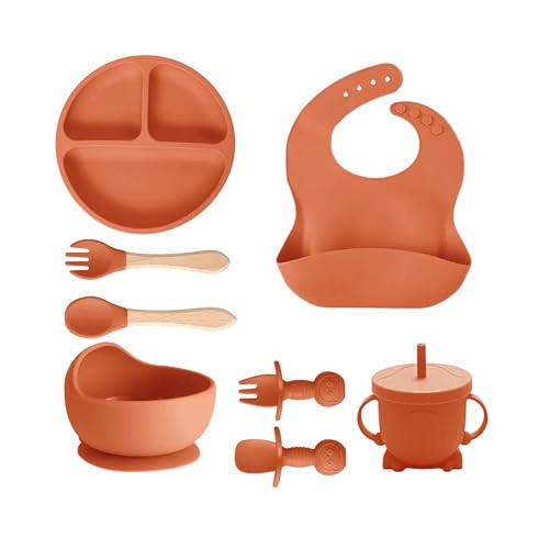 Image of Kids Station 8-Piece Silicone Baby Feeding Set | Suction Bowl, Plate, Bib, Cup, Spoon & Fork | 100% Food Grade BPA-Free Silicone | Non-Slip, Easy to Clean (Pack of 8, Orange)