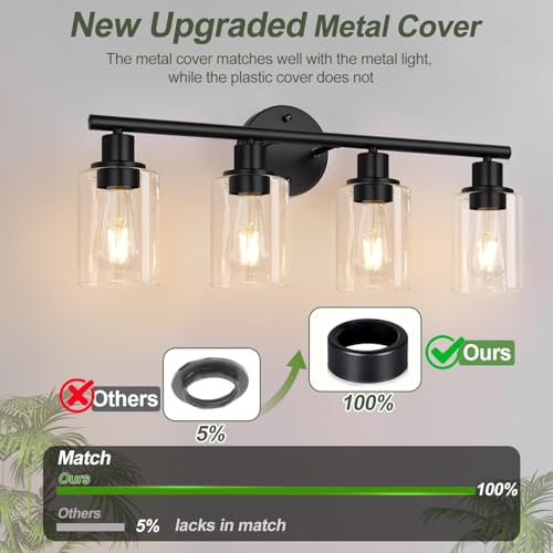 4-Light Bathroom Light Fixtures, Matte Black Modern Vanity Lights Over Mirror with Clear Glass Shade, Bathroom Wall Lamp for Mirror Kitchen Living Room Hallway Cabinet Porch Bedroom Reading room