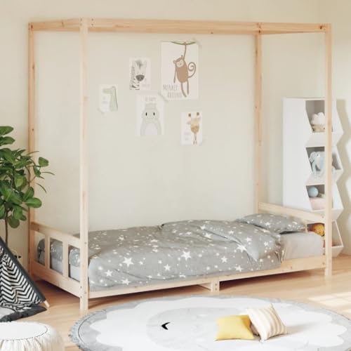 Festnight Kinderbett 90x200 cm Himmelbett für Jungen & Mädchen Kinder Bett Holz Jugendbett Bodenbett Massivholz Holzbett Bettrahmen Bettgestell mit Lattenroste Einzelbett