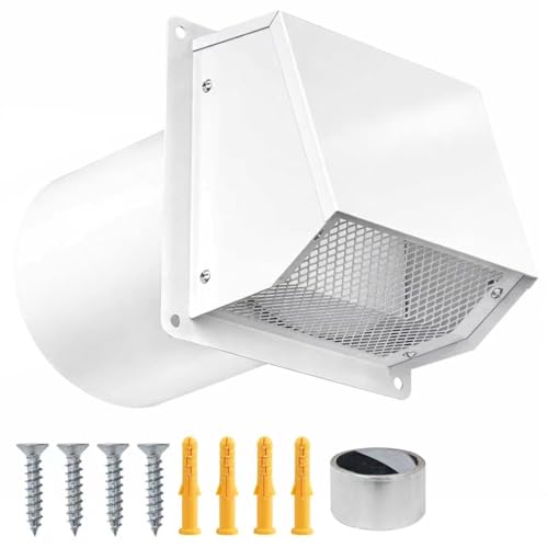 6 Inch Dryer Vent Cover Outside Galvanized Steel Exterior Hooded Wall Vent Cover with Removable Screen & Cushioned Backdraft Flap Exhaust Vent for House Through-Wall Dryer Vent Kit (White - 6 Inch)