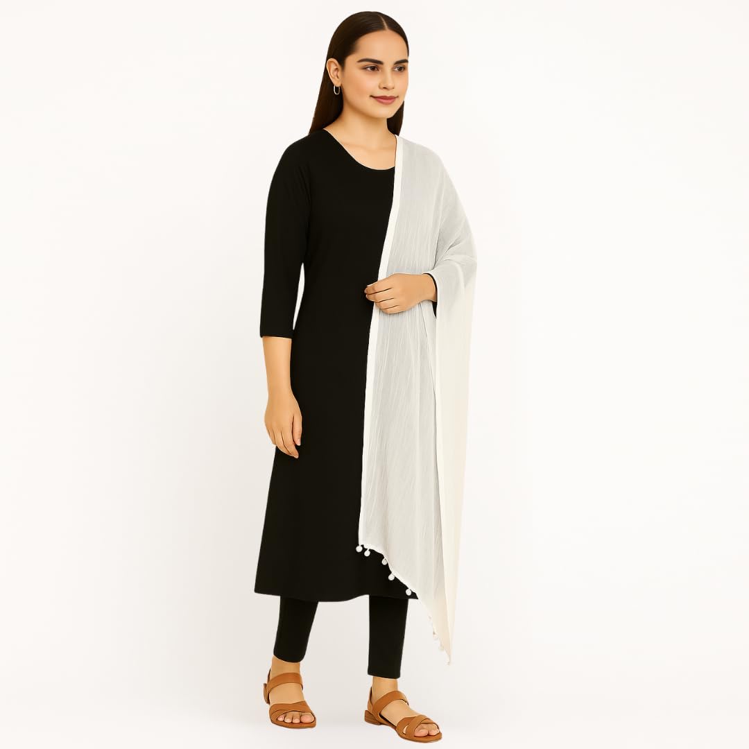 VinodRatna Women Pure Solid Cotton Dupatta With Pom Pom Border 2.25m (White, 2.25m) - Image 3 thumbnail