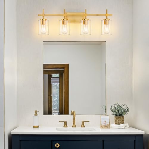Image of Bathroom Vanity Lights, Gold 4 Lights, E26 Socket with Clear Glass Shade, Modern & Vintage Style Vanity Light for Bathroom, Powder Room, Dressing Room