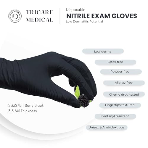 TRICARE MEDICAL Nitrile Exam Gloves, Large, Low Derma, Latex-free, Powder-free, Chemo Drug Tested, Berry Black, 3.5 Mil, Box of 100