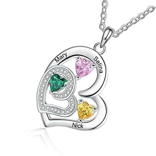 handmadejewelry Personalized 3 Names Love You Mom Heart Pendant Necklace for Women with 3 Simulated Birthstone Promise Nana Mother's Birthday Gifts