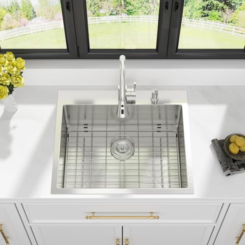 Image of Kichae 25 Drop In Kitchen Sink with Faucet Combo - Stainless Steel Sinks 25 x 22 Inch Topmount Overmount Single Bowl Handmade Basin with Accessories