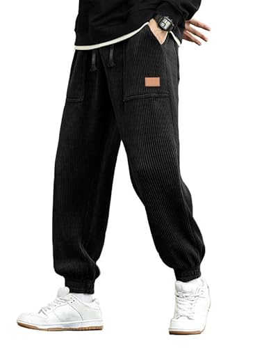 JMIERR Herren Corduroy Jogginghose Schwarz Casual Cargo Jogger Baggy Trainingshose Elastische Taille Sweathose M