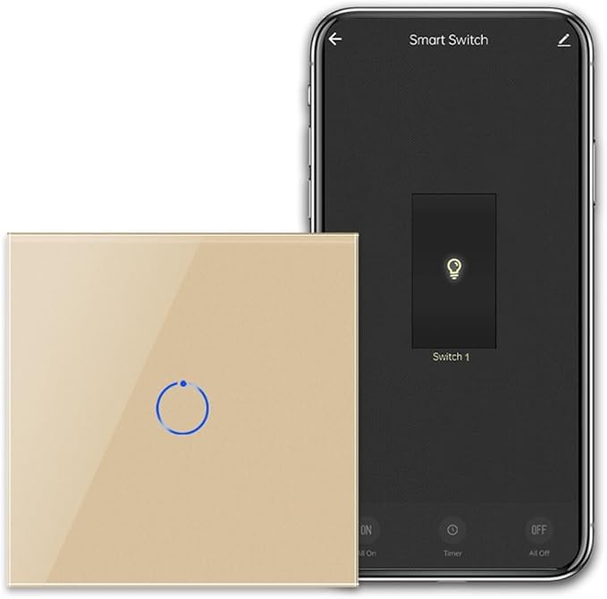 Image of QNQ SMART WiFi TOUCH SWITCH 1 GANG (20 amps) 4000 WATTS /SWITCH GLASS :SUITABLE FOR A /C. WATER HEATER. Home Automation. fits in 2 module concealed board (GOLD)