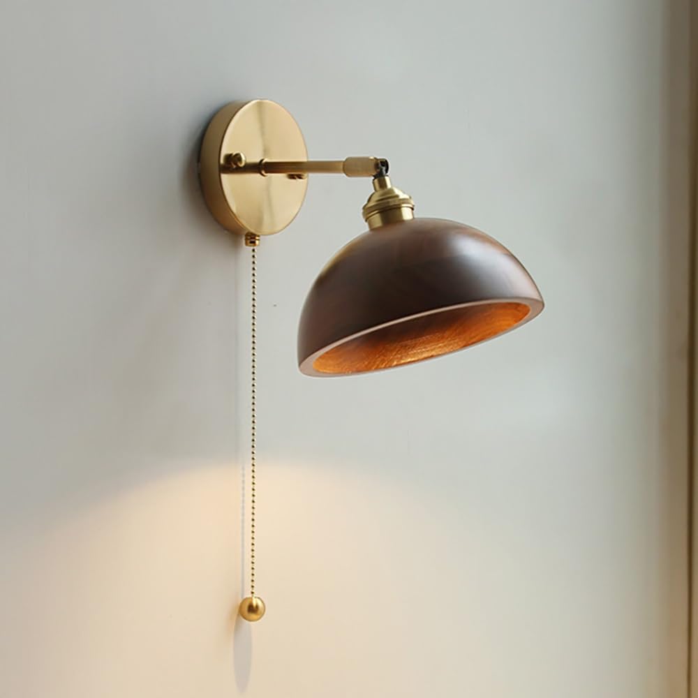 COSRUB Mid Century Wood Wall Sconce Light, Adjustable Walnut Wall Lamps Pull Chain Switch Retro Farmhouse Geometry Wall Lighting for Bedroom Bedside Study Entryway(Hemispherical)