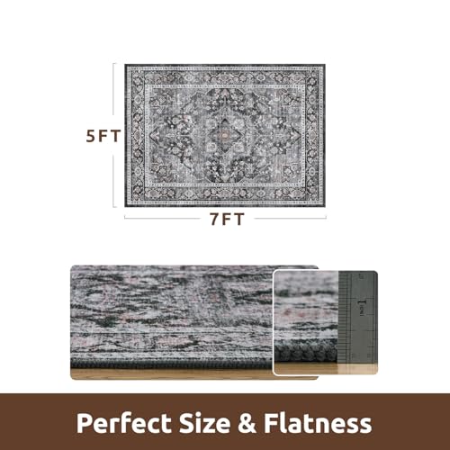 AMOAMI-Area Rug 5X7 Rugs for Living Room-Vintage Soft Black Rugs for Bedroom-Non Slip Carpet-Machine Washable Rug for Dining Room Living Room Bedroom Office Under Table Dark Grey & Black