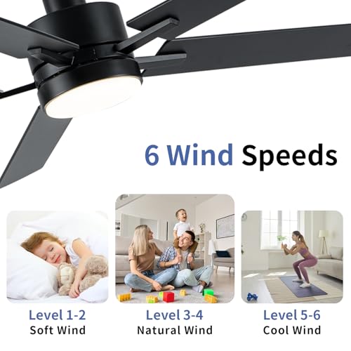 Image of LANMEL 52'' Black Ceiling Fans with Lights and Remote, 6 Speed Low Profile Modern Ceiling Fan with Quiet DC Motor for Indoor Outdoor Bedroom Living Room