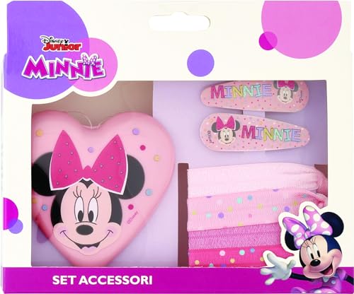 Disney Minnie - Juego de 7 accesorios para el pelo para niña, 1 cepillo plegable con espejo, 4 elásticos, 2 clips