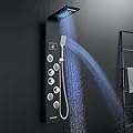 ROVATE 6-in-1 LED Rainfall Waterfall Shower Panel Tower System with 2-Mode Powerful Body Jets, Multi-function Stainless Steel Shower Tower Rain Massage System with Handheld and Tub Spout, Black