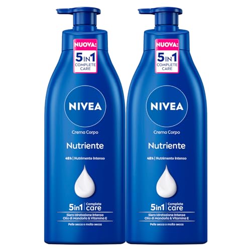 Nivea Crema corporal nutritiva 48 h hidratación intensa con aceite de almendras y vitamina E para piel seca y muy seca – 2 botellas de 500 ml