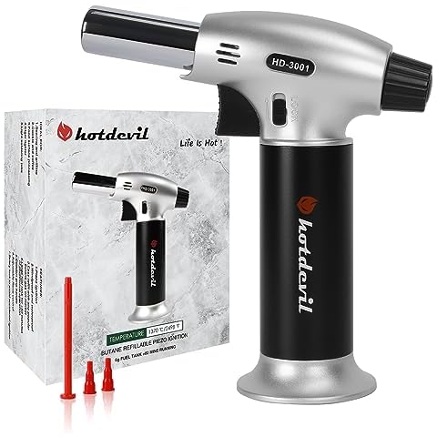 Hotdevil Butane Culinary Torch 6g Refillable Tank Cooking Kitchen Torch Lighter Fit All Butane Cartridge Blow Torch/w Safety Lock Adjustable Flame for BBQ Creme Brulee Dessert(Butane Gas Not Include) Cover
