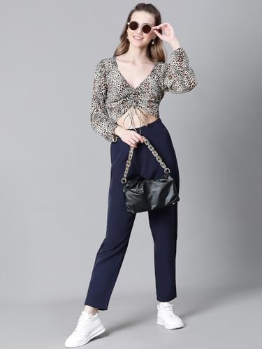 Image of oxolloxo Women Floral Print Semi-Sheer Round Neck Tie-Knotted Elasticated Long Crop Sleeve Top