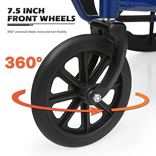 Monibloom Lightweight Wheelchair With 18 Inch Wide Seat, Folding Transport Chair Portable Wheel Chair With 24'' Pu Mag Wheels For Extra Comfort Use, 300 Lbs Weight Capacity, Blue #TOP7