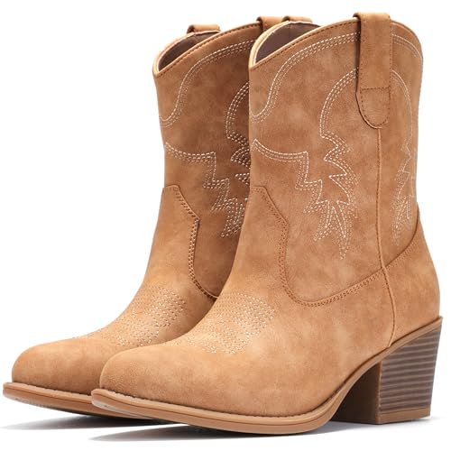 Image of IXU Cowboy Boots for Women Ankle Cowgirl Booties Wide Mid Calf Pointed Toe Western Boots Short Chunky Classic Booties