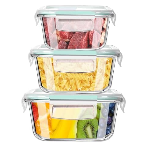 ATRDTO 6 Pieces Square Glass Food Storage Containers with Lids, Meal Prep Containers for Food Storage, BPA Free & Leak Proof (3 lids & 3 Containers) Cover