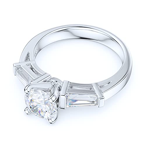 Sterling Silver Tapered Baguette and Round Brilliant Cut Simulated Diamond or Genuine Moissanite Three-Stone Promise Engagement Ring For Women3