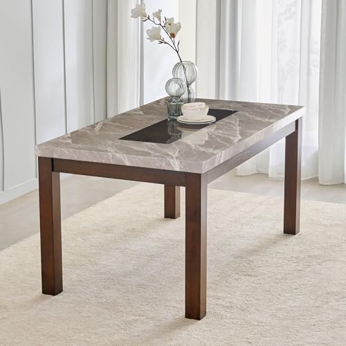 Image of Home Centre Harmony Sia Solid Wood Faux Marble Top 6-Seater Dining Set with Chairs - Grey
