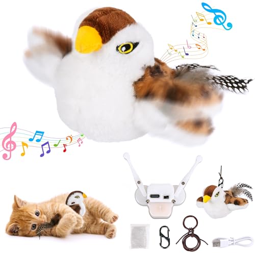 Kezlume Cat Toys Flapping Bird, Lifelike Sparrow Chirp Tweet, Rechargeable Touch Activated Kitten Toy Interactive Exercise Toys for All Breeds Cat Kicker Catnip Toys, No Flying (Large 8.6 x 3.7)