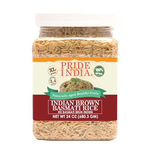 Pride Of India - Extra Long Brown Basmati Rice - Naturally Aged Healthy Grain, 1.5 Pound Jar