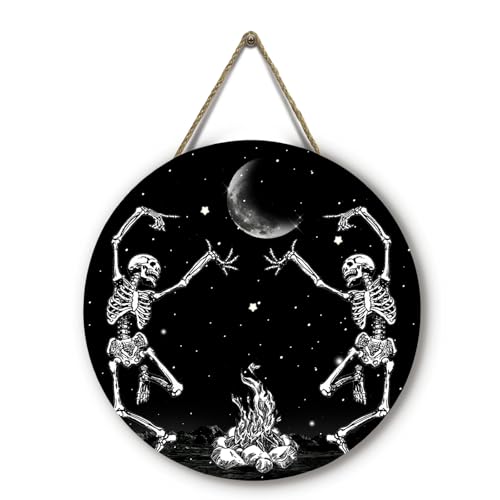 Dacawin Skull Halloween Front Door Sign Dancing Skeleton Door Han...