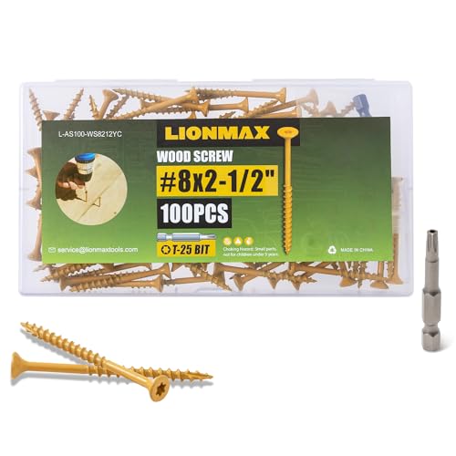 Image of LIONMAX Deck Screws 2-1 /2 Inch, Wood Screws #8 x 2-1 /2 inch, 100 PCS, Rust Resistant, Exterior Epoxy Coated, Outdoor Decking Screws, Torx /Star Drive Head Screw, T25 Star Bit Included, Tan