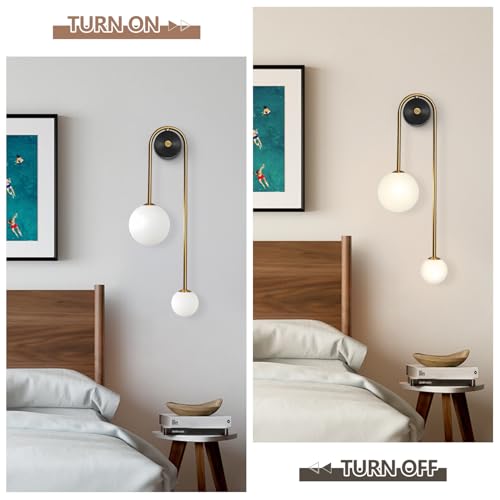 Image of Globe Glass Wall Sconce, 2-Lights Gold Modern Brushed Brass Wall Mount Light, Mid Century Beside Wall Lamp with Glass Shade for Loft Living Room Bedroom