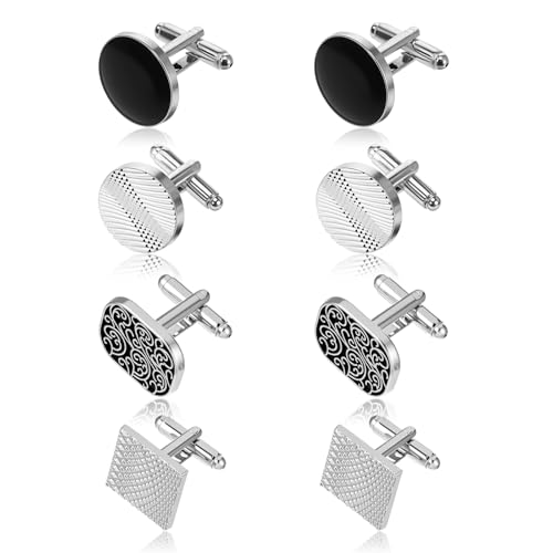 Nogeqi 4 Paar Manschettenknöpfe Herren, Manchettenknoepfe Personalisiert Klassische Cufflinks For Men Hochzeit Business Klassische Tanzparty Schwarz Silber