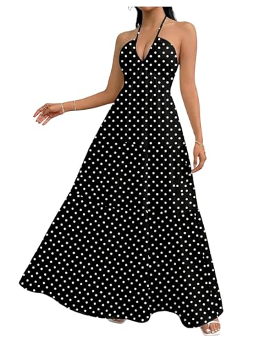 Image of SHENHE Women's Deep V Neck Tie Knot Backless Halter Dress A Line Flowy Ruffle Maxi Dress
