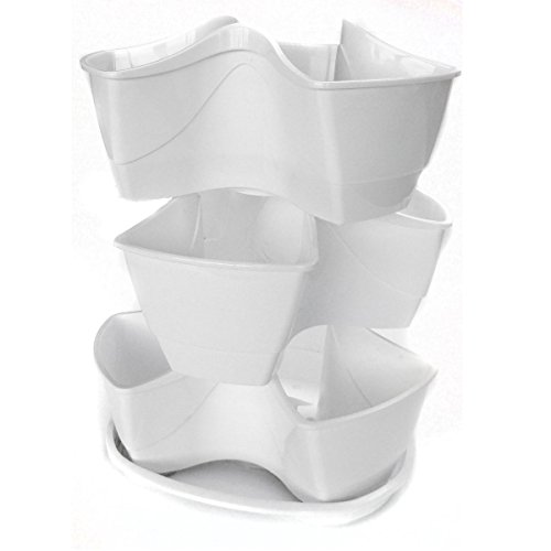 CrazyGadget Ensemble de 3 pots empilables avec coupelle pour fraisiers, herbes et fleurs blanc