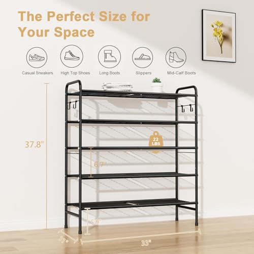 Image of VILICK 5 Tier Shoe Rack 33 inch Wide Metal Shoe Organizer Long Shoe Storage with 4 Side Hooks Sturdy Shoes Shelf for Closet, Front Door Entrance, Garage, Dorm, Black