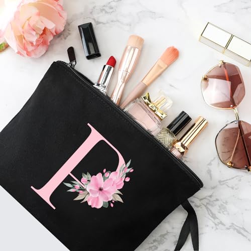 Image of Vavabox A-Z Personalized Makeup Bag, Birthday Gifts for Women Mom, Gifts for Best Friend, Bride Bridesmaid Cosmetic bag (P, 02-Black)