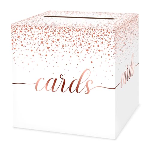 Image of 1 Pack White and Rose Gold Card Box for Party, 8.7 inch White Gift Card Box Money Box for Birthday, Wedding, Baby Shower, Retirement, Anniversary, Bridal Shower, Raffle Ticket