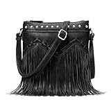 Sunwel Fashion Fringe Crossbody Bag with Rivets Western Purse Vegan Leather Tassel Shoulder Crossbody Bag for Women (black)