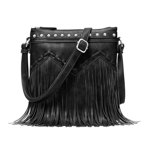 Sunwel Fashion Bolsa Transversal com Franjas e Rebites, Bolsa de Ombro de Couro Vegano com Borlas, Preta