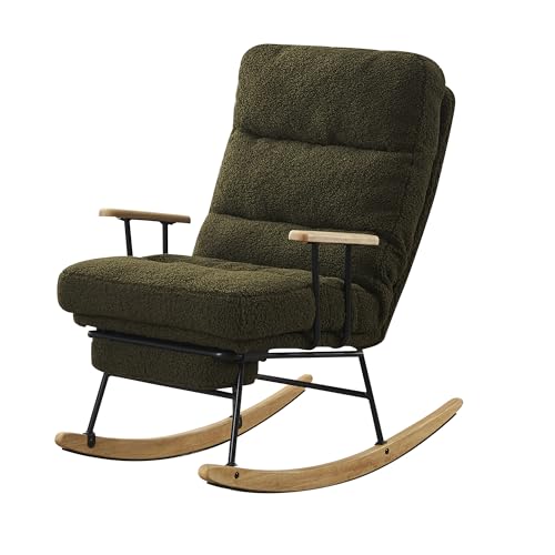AsomeStretch Modern Teddy Gliding Rocking Chair with High Back, Retractable Footrest, and Adjustable Back Angle for Nursery, Living Room, and Bedroom (Green + Fabric)