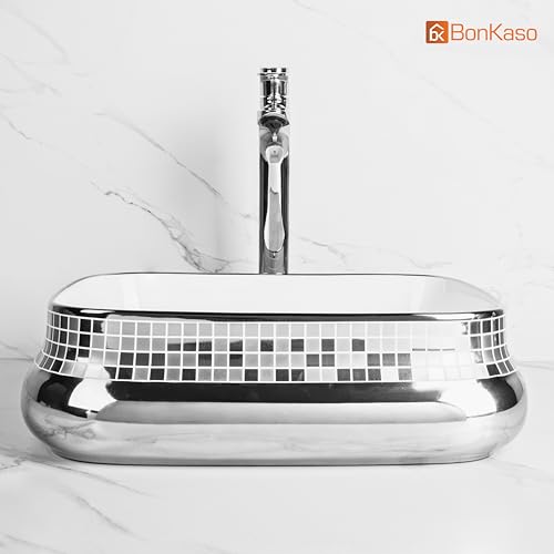 Image of BONKASO Polished Designer Ceramic Table Top Wash Basin (44 x 35 x 12.5 cm) | Silver Countertop Bathroom Sink | Modern Luxury Vanity Wash Basin | Tango-1004