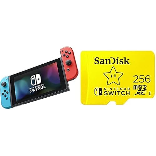 Nintendo Switch with Neon Blue and Neon Red Joy-Con + SanDisk 256GB microSDXC Memory Card Bundle